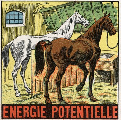 Potenciális energia: lovak istállóban pihennek. Névtelen illusztráció 1925-ből. Magángyűjtemény. alkotó: Anonymous Anonymous