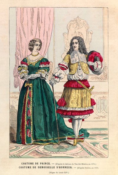 Hercegi jelmez és koszorúslány jelmez XIV. Lajos (1638-1715) uralkodása alatt - magángyűjtemény alkotó: Anonymous Anonymous