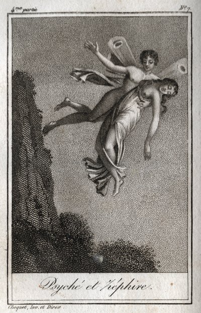 A pszichét Zephyr elragadta. Metszet 1819-ből Charles Albert Demoustier (1760-1801) „Lettres a Emilie sur la mythologie” című művében. Magángyűjtemény. alkotó: Anonymous Anonymous