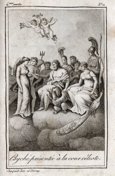 Psyche bemutatta az Égi Udvarnak. Metszet 1819-ből Charles Albert Demoustier (1760-1801) „Lettres a Emilie sur la mythologie” című művében. Magángyűjtemény. alkotó: Anonymous Anonymous