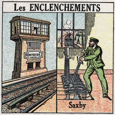 Vasutak: biztosítórendszer. Egy Saxby egyedi emelős állomást használó vasút. Névtelen illusztráció 1925-ből. Magángyűjtemény. alkotó: Anonymous Anonymous