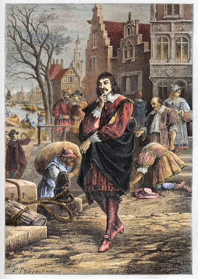 Rene Descartes (1596-1650), francia filozófus és matematikus, aki Amszterdam utcáin sétál - Descartes Amszterdamban - metszet a „L’histoire de France tellee à mes grandsenfants”-ból - Francois Guizot - 1872-1876 alkotó: Anonymous Anonymous