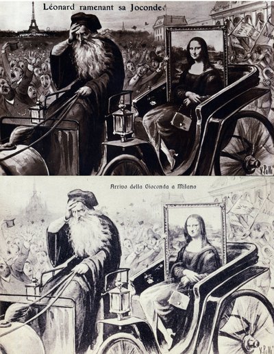 Leonard de Vinci (Leonardo da Vinci) (1452-1519) ábrázolása, aki visszahozza "" A Mona Lisa" (Mona Lisa, Monna Lisa) című művét Vincenzo Peruggia (1881-1925) művének ellopása után. 1911.08.21-én. Vígjáték képeslap alkotó: Anonymous Anonymous