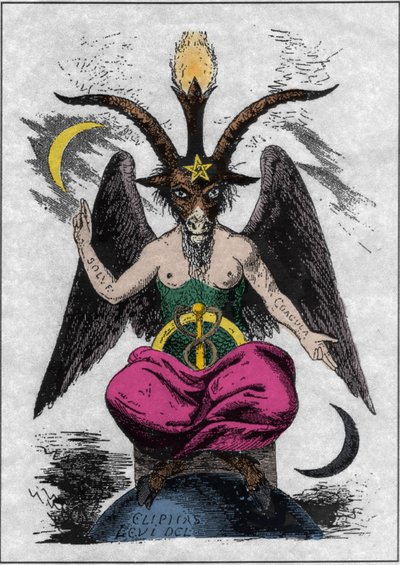 A Baphomet ábrázolása: kecskefejű szörnyeteg női testtel, karjain alkímiai idézetekkel „oldat” és „coagula”, a lábak között lombhullató, a homlokon pentagram. Eliphas Levi ördöge (Alphonse Louis (Alphonse Lo alkotó: Anonymous Anonymous