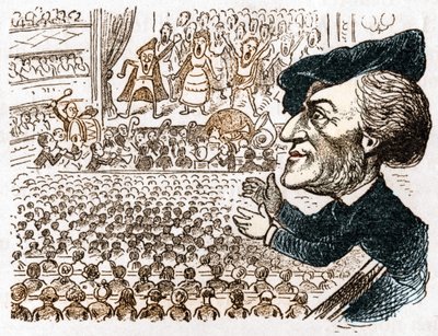 Richard Wagner több száz énekest, zenészt alkalmaz, emberek milliói bérelnek helyet, és ő az egyetlen, aki tapsol. Karikatúra Richard Wagner német zeneszerzőről (1813-1883) J. Grand-Carteret Les moreurs et la caricature en allemand című művéből. 18 körül alkotó: Anonymous Anonymous