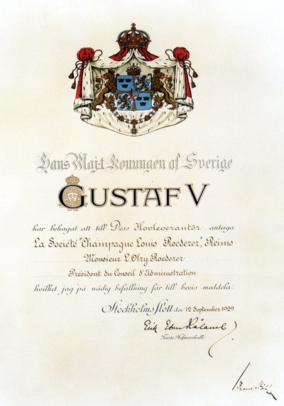 A királyi szabadalom, amelyet a svéd király 1929-ben ítélt oda Louis Roederer Háznak. alkotó: Anonymous Anonymous