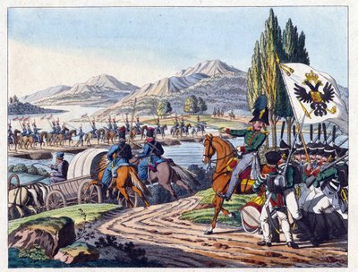 Az orosz hadsereg átkel a Pruth folyón Moldvába 1828 májusában - Anonymous - 1829 - Rézkarc, akvarell - 37,9x24,4 - Magángyűjtemény alkotó: Anonymous Anonymous