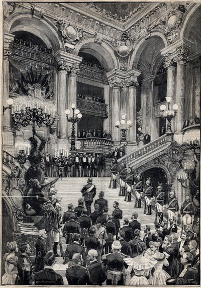 Orosz tengerészek másznak fel a nagy lépcsőn a párizsi Opera Garnier gálaestjén. Metszet a „” Le Petit Parisien”-ben, 1893.10.29. alkotó: Anonymous Anonymous