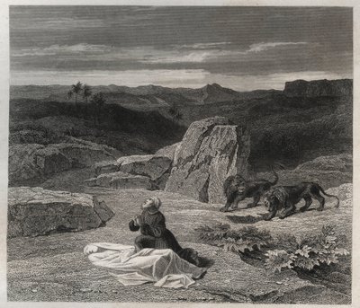 Szent Antal abbé (Nagy Szent Antal (250/251-356) (vagy Remete Szent Antal) a sivatagban temette el Thébai Szent Pált. Metszet 1846-ból a „Szentek élete” c. művében. Magángyűjtemény. alkotó: Anonymous Anonymous