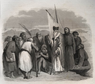 Alexandriai Szent Atanáz (Nagy Atanáz) (295-373) Egyiptom magányosait látogatja. Metszet 1846-ból „A szentek élete” c. Magángyűjtemény. alkotó: Anonymous Anonymous