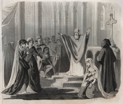 Saint Dunstan (kb. 909-988), Canterbury bencés, az angliai szerzetesi élet megújítója, közelgő halálát hirdeti az embereknek. Metszet 1846-ból „A szentek élete” c. Magángyűjtemény. alkotó: Anonymous Anonymous