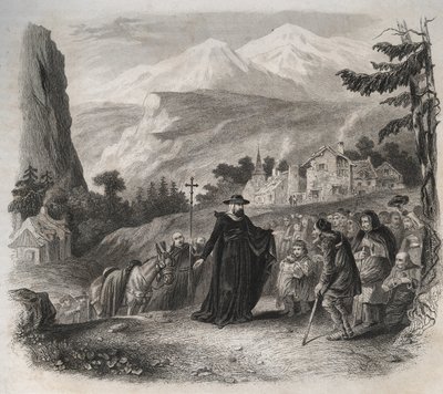 Saint Francois-de-Sales (Saint Francois de Sales) (1567-1622), Genf eveque egy lelkipásztori látogatáson. Metszet 1846-ból a „Szentek élete” c. Magángyűjtemény. alkotó: Anonymous Anonymous