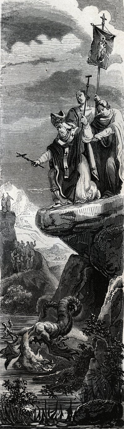 Saint Front (a Perigord első evangéliumhirdetője) (3. század) a sárkány kicsapása a Dordogne-ban - 1846-os metszet a „” A szentek élete” c. Magángyűjtemény. alkotó: Anonymous Anonymous