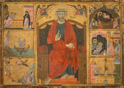 Szent Péter a trónon, bibliai jelenetekkel körülvéve (fára festett festmény) alkotó: Anonymous Anonymous