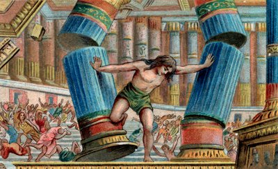 Sámson lerombolja Dagon templomát - Kromolitográfia - Magángyűjtemény alkotó: Anonymous Anonymous