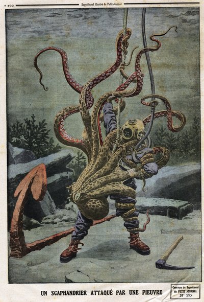Scaphandlert megtámadta egy polip. Metszet a „” Le petit Journal”-ban, 1912.06.16. Magángyűjtemény. alkotó: Anonymous Anonymous