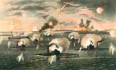 Szecessziós háború (1861-1865): „” Lebegő csatahajók támadása a szecessziós háború idején”” Metszet 1865 körül. Magángyűjtemény alkotó: Anonymous Anonymous