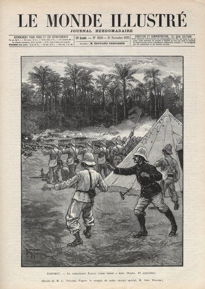 Második dahomeyi háború (1892-1894): Faurax francia parancsnok meghalt a dogbai csata során 1892. szeptember 19-én Dahomeyben (ma Benin). Egy újság. Metszet az 1892-es „Le monde illustree”-ben. Magángyűjtemény. alkotó: Anonymous Anonymous