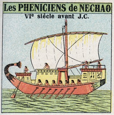 Hajók és hajók: föníciai tengerészek Necho fáraó szolgálatában a Kr.e. 7. században. Névtelen illusztráció 1925-ből. Magángyűjtemény. alkotó: Anonymous Anonymous