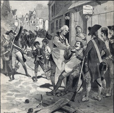 Lille ostroma 1792-ben: Maes parókája egy bombát használ szakálltálként, hogy megborotválja a klienst. Metszet a „” Le petit parisien””-ben 1892.10.16. Magángyűjtemény alkotó: Anonymous Anonymous
