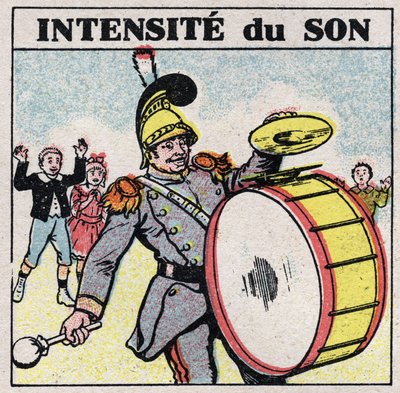 Hangenergia: intenzív hang. Katonazenekar basszusdoba. Névtelen illusztráció 1925-ből. Magángyűjtemény. alkotó: Anonymous Anonymous
