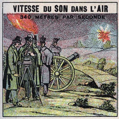 Hangenergia: a hang sebessége a levegőben. Louis-Joseph Gay-Lussac (Louis Joseph Gay Lussac) (1778-1850) és Francois Arago (1786-1853) 1822-es tapasztalata, akik egy sor ágyúlövést adtak le Montlhery és Villejuif között. Névtelen illusztráció 1925-ből alkotó: Anonymous Anonymous