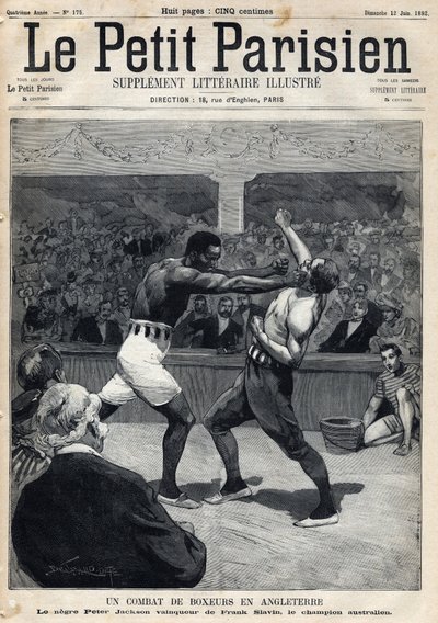 Sport, ökölvívás: Bokszolócsata Angliában Peter Jackson és az ausztrál bajnok Frank Slavin között. Metszés. A „Le petit parisien” című újság egyike 1892.12.06. Magángyűjtemény alkotó: Anonymous Anonymous