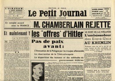 A SMITLE FOLYÓIRAT 1939. OKTÓBER 13., PÉNTEK Neville CHAMBERLAIN (1869-1940) VISSZA utasítja Adolf Hitler ajánlatait alkotó: Anonymous Anonymous