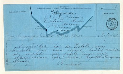 Távirat Rimbaud-tól édesanyjának, Marseille-nek, május 22-én alkotó: Anonymous Anonymous