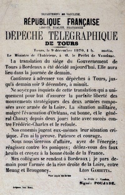 Léon Gambetta 1870. szeptember 12-i Tours távirati hírei. alkotó: Anonymous Anonymous