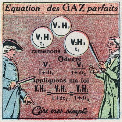 Hőmérséklet és tágulás: Louis-Joseph Gay-Lussac (Louis Joseph Gay Lussac) (1778-1850) és Edme Mariotte (kb. 1620-1684) törvénye révén kapott tökéletes gázegyenlet. Névtelen illusztráció 1925-ből. Magángyűjtemény. alkotó: Anonymous Anonymous