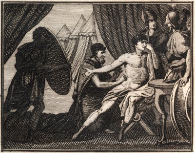 Epaminondas halála (a spártaiak elleni csata után Mantineiában, ie 362). Metszet a „” The Rollin of Youth vagy az ókori és római történetek válogatott darabjaiból”” 1816. Magángyűjtemény. alkotó: Anonymous Anonymous
