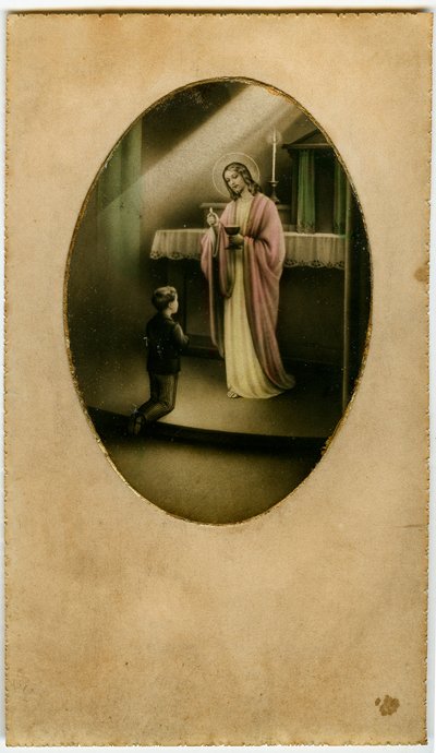 Az Eucharisztia, a szentáldozás, az Oltáriszentség: gyermek Jézus előtt (metszet) alkotó: Anonymous Anonymous