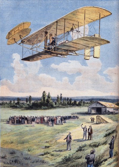 The Flying Men: Wilbur Wright (1867-1912) élményei a Hunaudieres versenypálya felett, Le Mans városa közelében. Metszet a „” Le Peute Parisien” újságból”, 1908.08.30. Magángyűjtemény. alkotó: Anonymous Anonymous