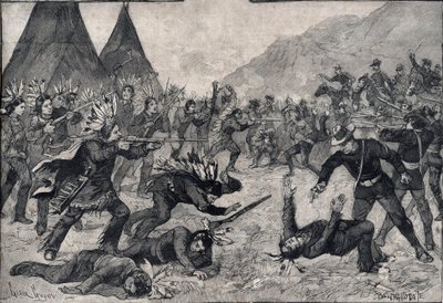 Az indiánok lázadása az Egyesült Államokban: harc a sziú indiánok és az amerikai csapatok között. Metszet „” Le petit Parisien”” 1891-ből. Magángyűjtemény. alkotó: Anonymous Anonymous