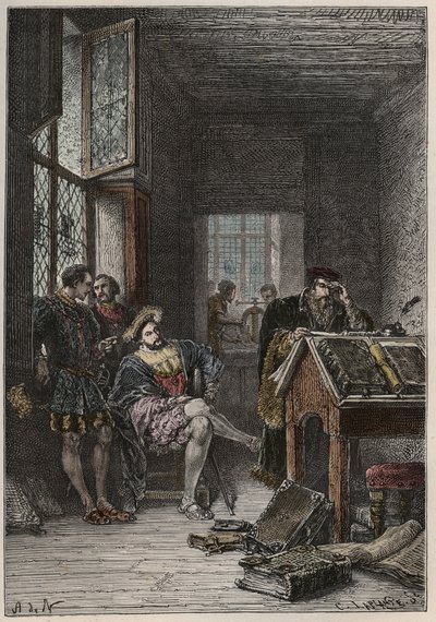 I. Francois francia király (1494-1547), művészet- és levélvédő, Estienne (Robert Estienne) nyomdász műhelyeinek látogatása, 1540 körül (I. Ferenc francia király Estienne királyi tipográfusok műhelyeinek látogatása alkotó: Anonymous Anonymous