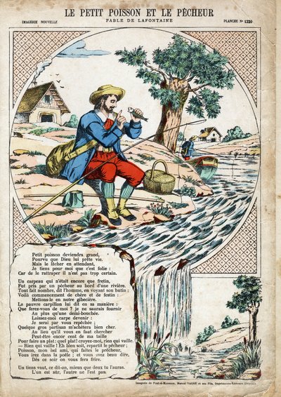 A kis hal és a halász. Jean de LA FONTAINE (Lafontaine) (1621-1695) névtelen illusztrációja a Les Fables-hez. Pont-a-Mousson képmása, 1880 körül. Magángyűjtemény. alkotó: Anonymous Anonymous