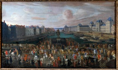 A Pont Neuf a Place Dauphine bejáratától nézve, a Quai Malaquais a Négy Nemzet Kollégiumával (Institut de France) az épülő Grande Galerie-vel és a Louvre egy névtelen festmény folyosójában. 1665. Dim. 0,74 x 1,25 m. alkotó: Anonymous Anonymous