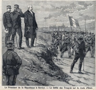 Felix Faure köztársasági elnök (1841-1899) meglátogatja Verdunt (Meuse), az Etin úti katonai iskola szennyeződését. Metszet a "" Le Petro Parisien" -ben alkotó: Anonymous Anonymous