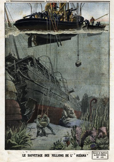 The Rescue of the Millions of the Oceana: Scaphandlers elmerül Eastbourne-ben, hogy felvegye azt a 18 millió fémet, amelyet a brit vonalhajónak Indiába kellett volna szállítania. Metszet a „Le Petite Journal”-ban, 1912.05.19. Magángyűjtemény. alkotó: Anonymous Anonymous