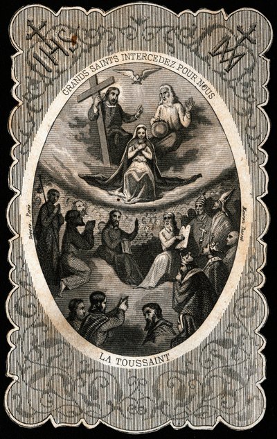 Szűz Mária a Szentháromsággal (Isten, Jézus Krisztus és a Szentlélek galambja). Dentelee kártya. 19. század. Magángyűjtemény alkotó: Anonymous Anonymous