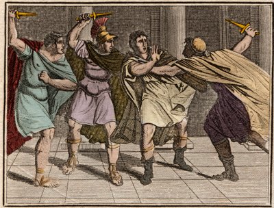 Julius Caesar római császár (Jules Cesar - Giulio Cesare vagy Caius Julius Caesar) meggyilkolása Kr.e. 44. március 15. - Metszet a „” The Rollin of Youth or Chosen Pieces of Ancient and Roman Stories” című könyvéből” 1816 – Magángyűjtemény alkotó: Anonymous Anonymous