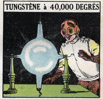 Az atom és a tudomány: próbálja meg feloldani a wolframot úgy, hogy ennek a fémnek a finom drótját 40 000 fokra elpárologtatja. Névtelen illusztráció 1925-ből. Magángyűjtemény. alkotó: Anonymous Anonymous