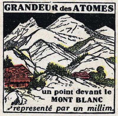 Az atom és a tudomány: az atomok mérete. A Mont Blanc előtti pont egy milliméterrel ábrázolva. Névtelen illusztráció 1925-ből. Magángyűjtemény. alkotó: Anonymous Anonymous