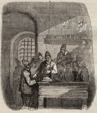 A bresti börtön kantinja a XIX. Pierre Zaccone (1817-1895) (Colonia Penale - Büntetőtelep) metszet az „Elítéltek története a megalkotásuktól napjainkig” című könyvébe (1877). Magángyűjtemény. alkotó: Anonymous Anonymous