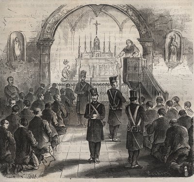 A touloni börtön kápolnája a XIX. Pierre Zaccone (1817-1895) (Colonia Penale - Büntetőtelep) metszet az „Elítéltek története a megalkotásuktól napjainkig” című könyvébe (1877). Magángyűjtemény. alkotó: Anonymous Anonymous