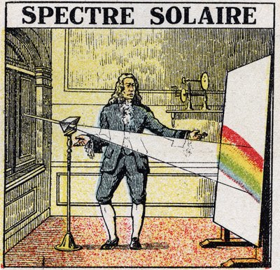 A színek: a nap spektrumát Isaac Newton (1642-1727) vizsgálta. Névtelen illusztráció 1925-ből. Magángyűjtemény. alkotó: Anonymous Anonymous