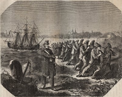 A cordelle (nagy fáradtság alkotása) a bagne de Rochefortban a XIX. Pierre Zaccone (1817-1895) „A börtönök története létrehozásuktól napjainkig” metszetébe (1877) (Colonia Penale - Büntetés-végrehajtási telep) alkotó: Anonymous Anonymous