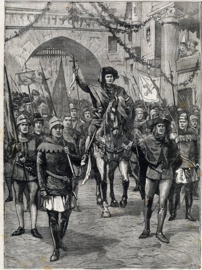 A vállalatok kortege a 14. században: A párizsi kereskedők prevotja. Metszés. „A kis Párizsban”, 1899.06.18. Magángyűjtemény. alkotó: Anonymous Anonymous