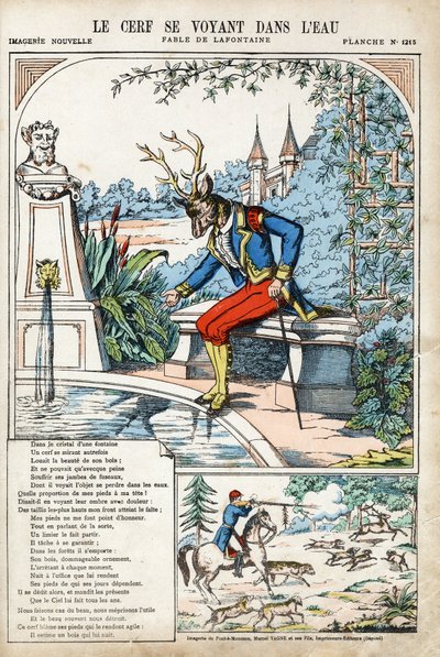 A szarvas látja magát a vízben. Jean de LA FONTAINE (Lafontaine) (1621-1695) névtelen illusztrációja a Les Fables-hez. Pont-a-Mousson képmása, 1880 körül. Magángyűjtemény. alkotó: Anonymous Anonymous